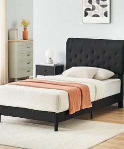 Twin Size Fabric Bed Frame with Curved Headboard Adjustable Black