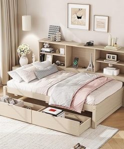Bellemave Twin Bed Frame with Bookcase and Storage Drawers in Natural