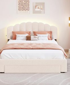 Queen Size Upholstered Teddy Fleece Bed with Storage and USB Ports Queen Size Upholstered Teddy Fleece Bed with Storage and USB Ports