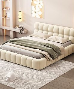 Queen Size Upholstered Platform Bed with Soft Headboard Beige 2