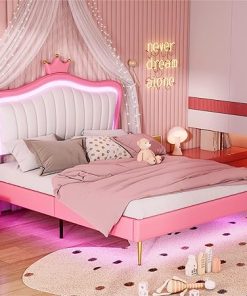 Modern Queen Size Upholstered Bed Frame with LED Lights for Kids Modern Queen Size Upholstered Bed Frame with LED Lights for Kids