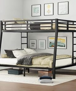 Full XL Over Queen Bunk Bed Frame for Adults with Guardrails