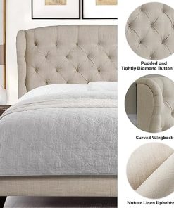 Classic Diamond Design Velvet Bed Frame for Bedroom Beige Solid Wood 2