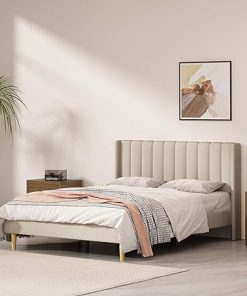 Queen Size Upholstered Platform Bed Frame with Linen Fabric Beige