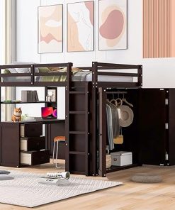 Full Size Loft Bed with 3 Drawers and Desk for Kids Teens Adults