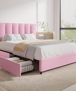 VECELO Queen Bed Frame with 4 Storage Drawers and Adjustable Headboard