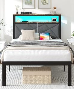 Twin Bed Frame with Charging Station and LED Lights in Dark Gray