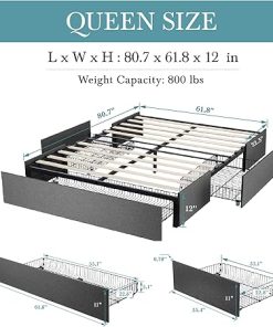 HOOMIC Queen Platform Bed Frame with 3 Storage Drawers Dark Grey 2
