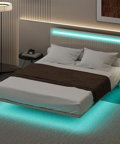 Polibi Full Size Floating Bed with LED Lights and Adjustable Headboard