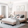 King Size Velvet Bed Frame Adjustable Headboard Wood Slats Beige 4