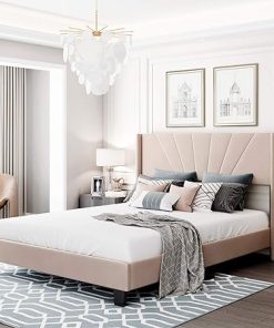 Queen Size Velvet Platform Bed Frame with Slat Kit in Beige