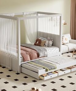Twin Upholstered Canopy Platform Bed with Trundle and Storage Drawers