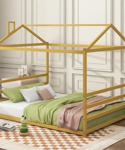 Queen Size Montessori Metal House Bed Frame for Kids in Gold
