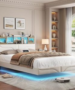 Maupvit Queen Size Floating Bed Frame with LED Lights and Bookcase