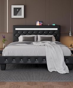 Modern King Size LED Bed Frame with Adjustable Headboard and Charging Station