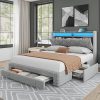 Queen Size Wooden Boho Bed Frame with Headboard and Charging Station 3