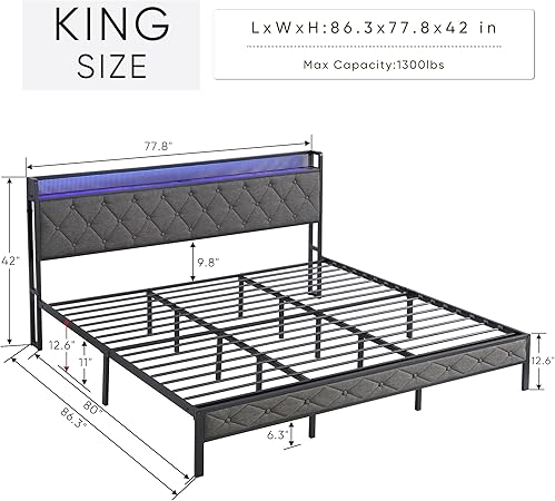 King Upholstered Bed Frame with RGB LED Lights and Storage Shelf 2 King Upholstered Bed Frame with RGB LED Lights and Storage Shelf - Image 2