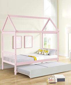 Twin House-Shaped Solid Wood Bed Frame with Trundle for Kids