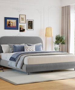 Queen Size Teddy Fleece Upholstered Platform Bed with Headboard Gray