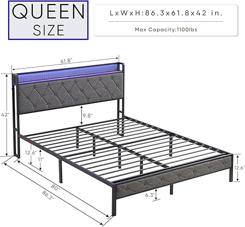 Queen Size LED Bed Frame with Storage Headboard and Charging Station 2 Queen Size LED Bed Frame with Storage Headboard and Charging Station - Image 2