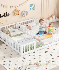 Double Twin Bed Frames for Kids with Wood Guardrails in White