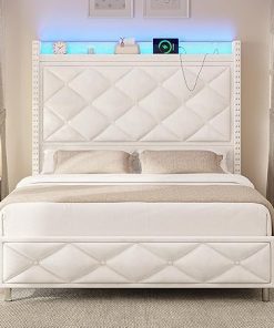 Queen Bed Frame, Upholstered Bed with 50.8” Tall Headboard, Velvet Tufted Wingback Platform Bed Frame Queen Size, No Box Spring Needed, Easy Assembly, Beige