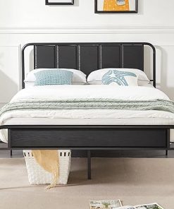 VECELO Queen Size Platform Bed Frame with Wooden Headboard Black