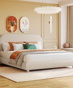 Queen Size Upholstered Platform Bed with Curved Headboard and Frame
