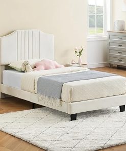 Beige Twin Platform Bed Frame with Upholstered Velvet Headboard