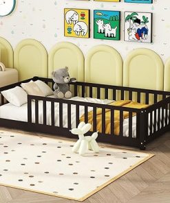 Montessori Twin Size Kids Floor Bed Frame in Solid Wood Espresso
