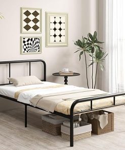 GOFLAME Twin Size Metal Bed Frame with Headboard and Storage Black