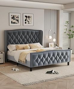 Modern Full Platform Bed Frame with Wingback Headboard in Gray