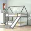 Twin Over Twin Low Bunk Bed with House Roof Frame and Slide