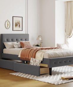 Cliloclight Twin Size Upholstered Bed Frame with Storage Drawers Gray