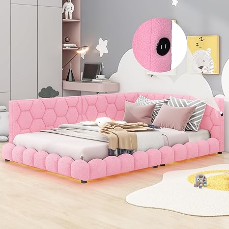 Upholstered Full Size Daybed with USB Ports and LED Lights in Pink Upholstered Full Size Daybed with USB Ports and LED Lights in Pink