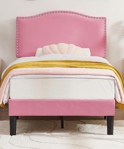 VECELO Twin Bed Frame with Upholstered Headboard and Wooden Slats