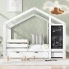 LUSPAZ Full Size House Floor Bed Frame with Blackboard and Drawer, Protective Rails for Kids, Playhouse Floor Bed with Sturdy Wooden Salt, Easy Assembly, No Box Spring Required, for Kid’s Room, White
