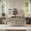 Farmhouse Queen Size Bed Frame with Storage Bookcase Headboard, Rustic Wood Platform Storage Bed with Charging Station Double Sliding Barn Door Wood Slats Support, Antique Gray