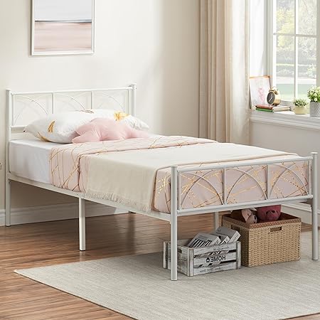 Metal Platform Bed Frame with Headboard for Girls Twin White Modern Metal Platform Bed Frame with Headboard for Girls Twin White Modern