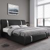 Modern Faux Leather Queen Bed Frame with Metal Headboard and Slats