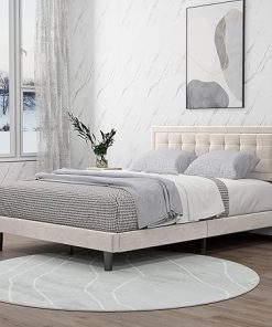 Queen Size Velvet Upholstered Bed Frame with Adjustable Headboard Beige