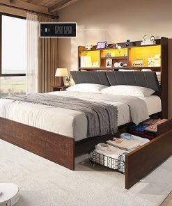 Queen Farmhouse Bed Frame with Bookcase Headboard and LED Storage