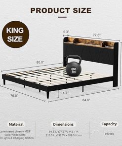 IKIFLY King Bed Frame with Charging Station and Storage Shelf in Black 2