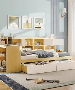 Bellemave Twin Corner Bed Frame with Storage and Desk, Natural White 2
