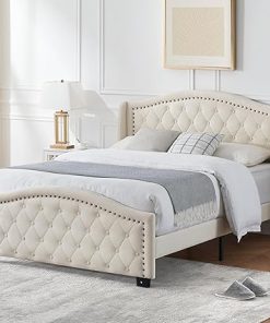 Queen Size Upholstered Bed Frame with Tall Velvet Headboard Beige