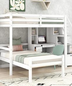 Twin Over Twin Bunk Bed with Stairs Desk Solid Wood Loft Bed White