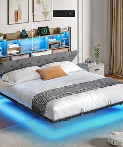 Full Floating Bed Frame with Storage and USB Charging, Dark Grey