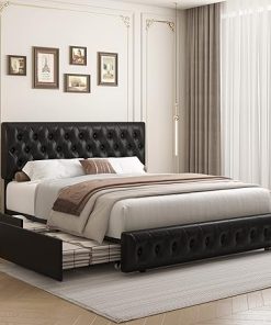 Queen Size Bed Frame with Storage Drawers and Adjustable Headboard 2