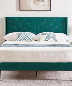 VECELO Full Size Upholstered Bed Frame with Wave Headboard Dark Green