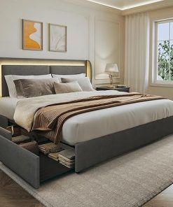 Full Size Bed Frame with Storage and Wingback Headboard in Grey
